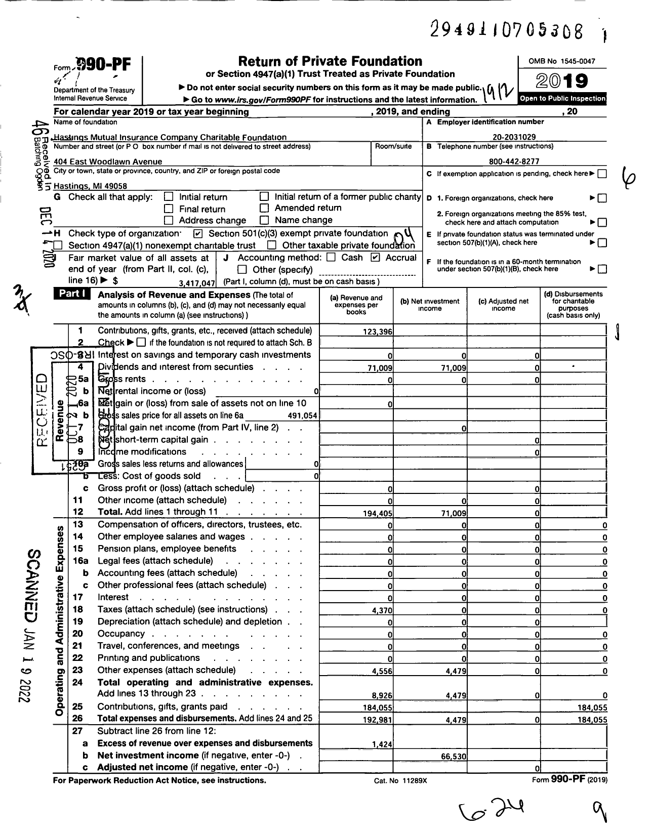 Image of first page of 2019 Form 990PF for Hastings Mutual Insurance Company Charitable Foundation