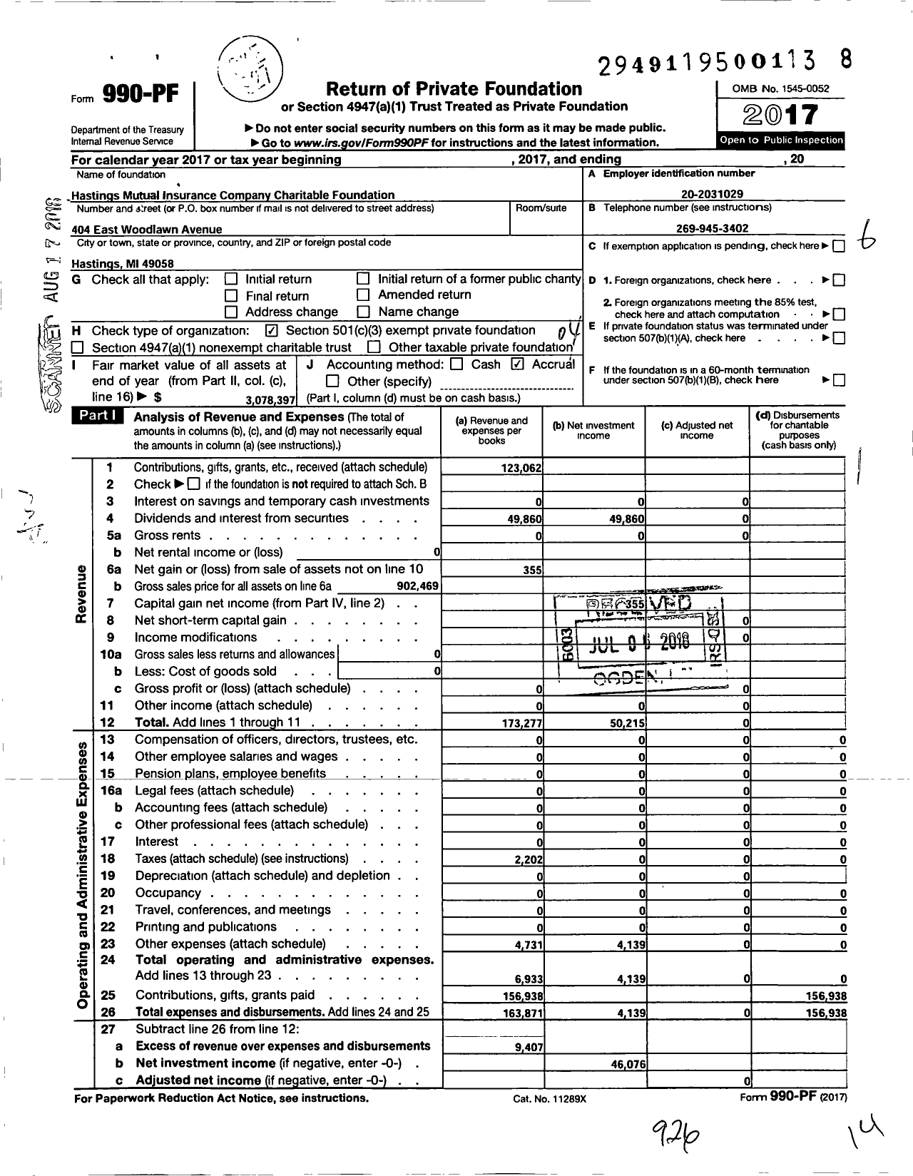 Image of first page of 2017 Form 990PF for Hastings Mutual Insurance Company Charitable Foundation