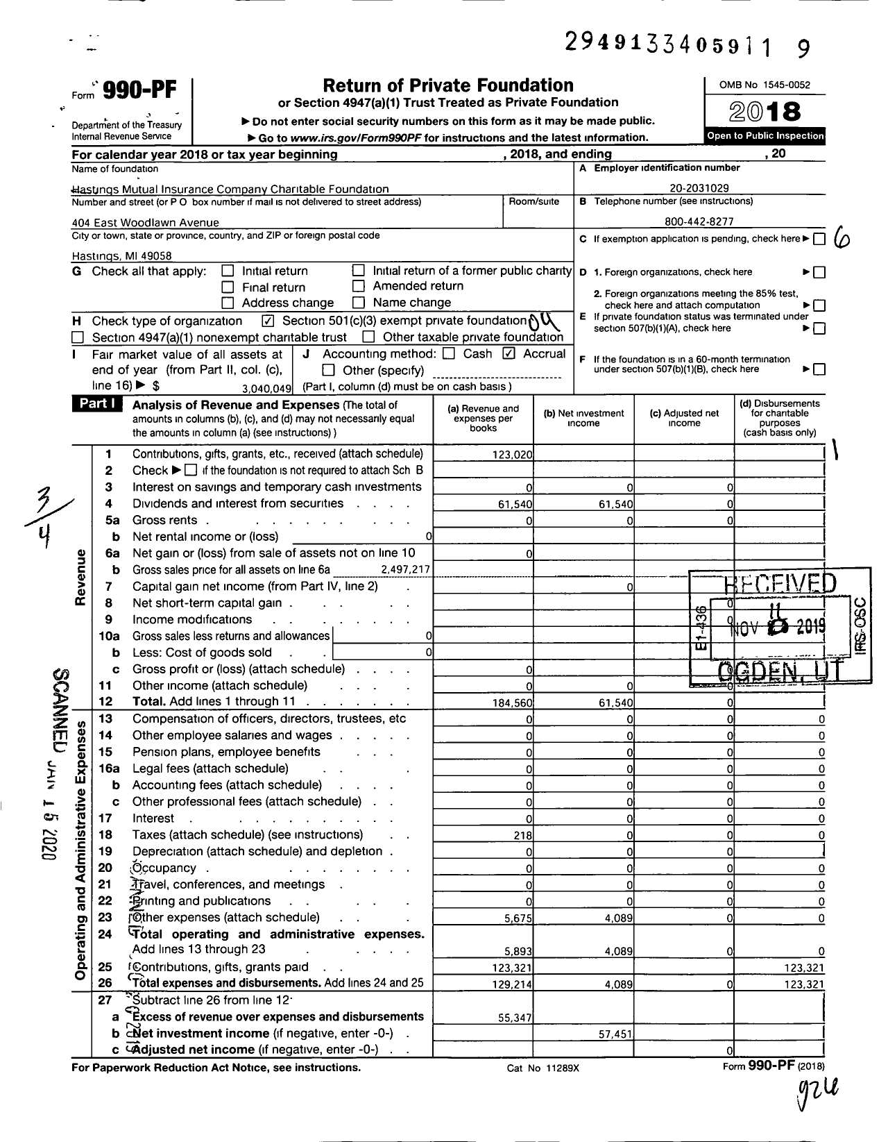 Image of first page of 2018 Form 990PF for Hastings Mutual Insurance Company Charitable Foundation