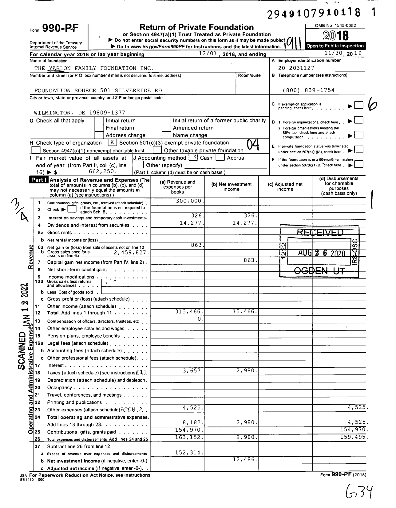 Image of first page of 2018 Form 990PF for The Yablon Family Foundation