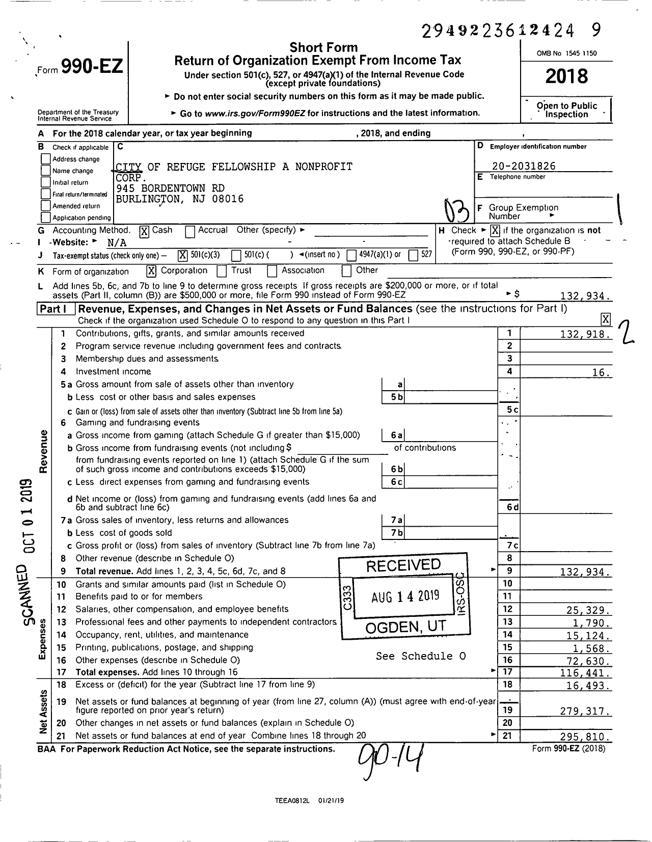 Image of first page of 2018 Form 990EZ for City of Refuge Fellowship A Nonprofit Corporation