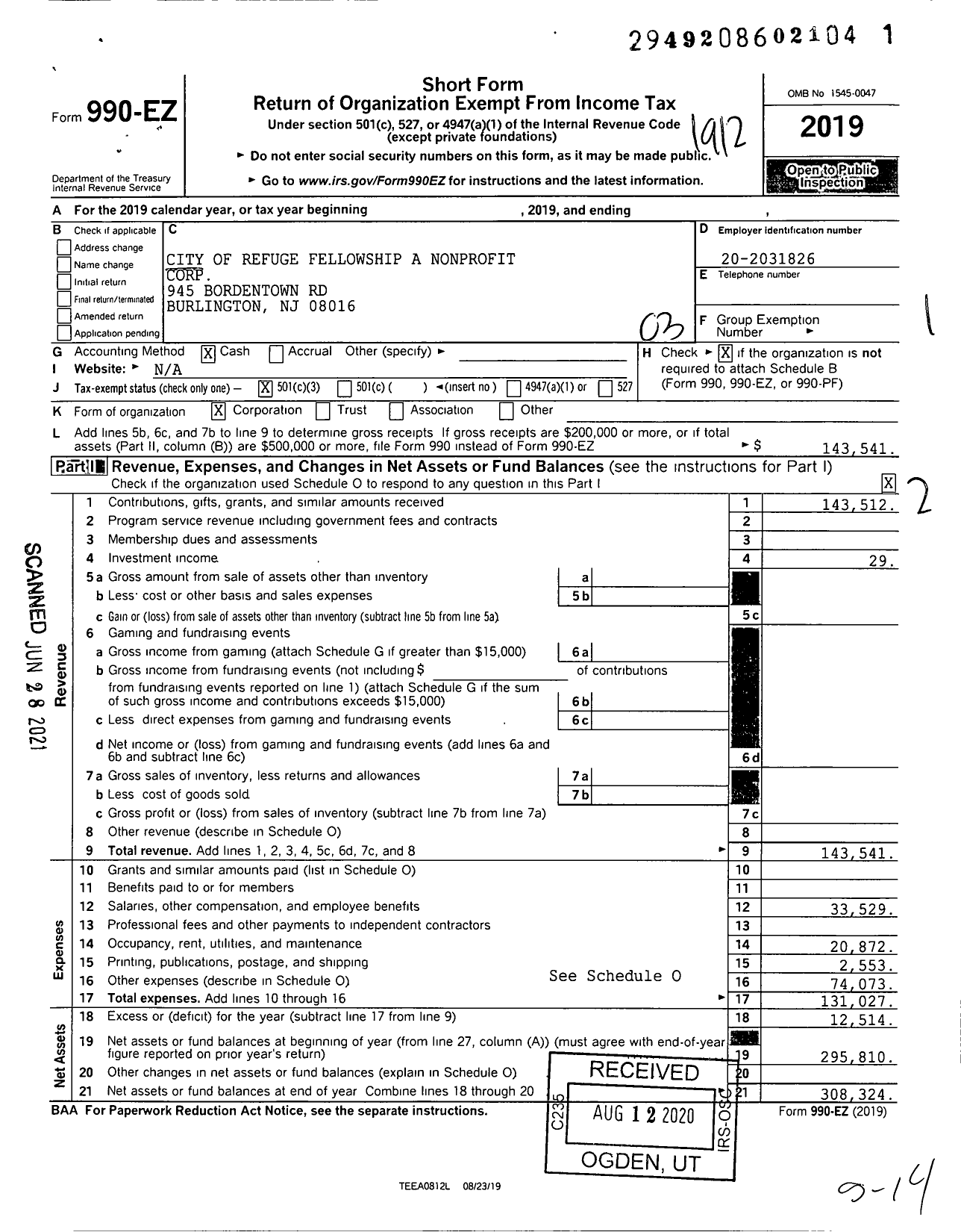 Image of first page of 2019 Form 990EZ for City of Refuge Fellowship A Nonprofit Corporation