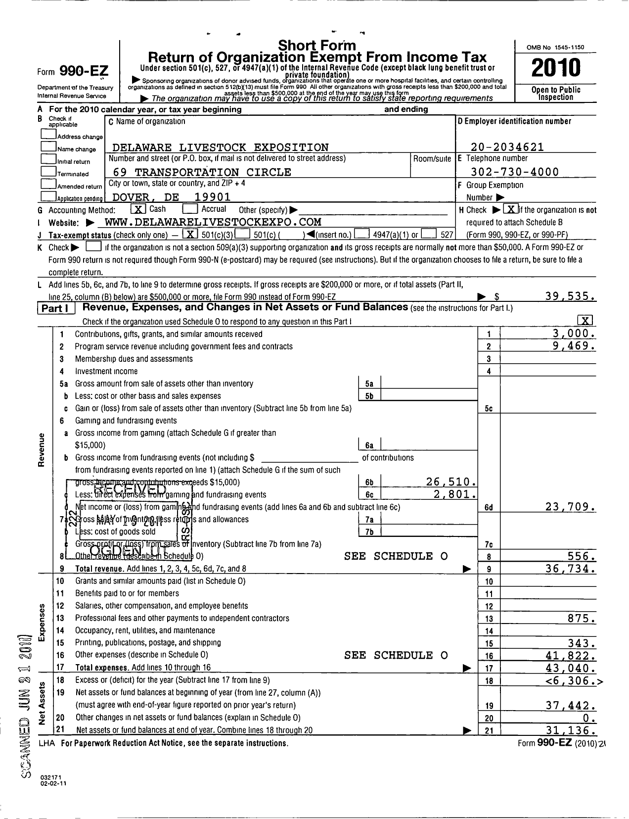 Image of first page of 2010 Form 990EZ for Delaware Livestock Exposition