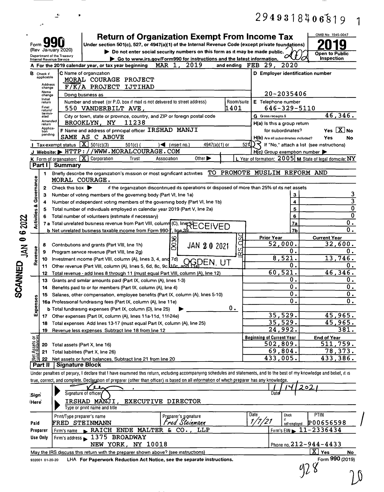 Image of first page of 2019 Form 990 for Moral Courage Project