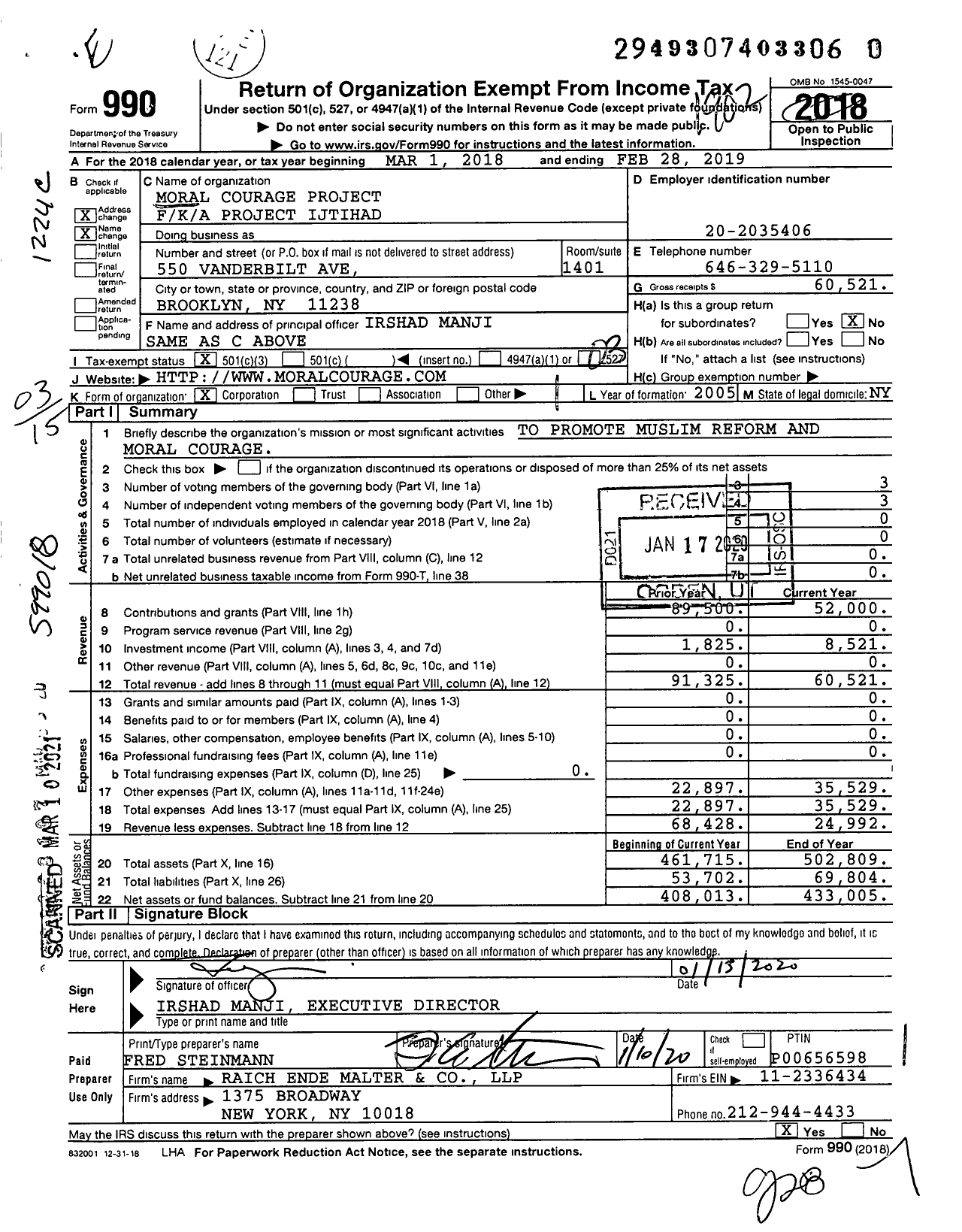 Image of first page of 2018 Form 990 for Moral Courage Project