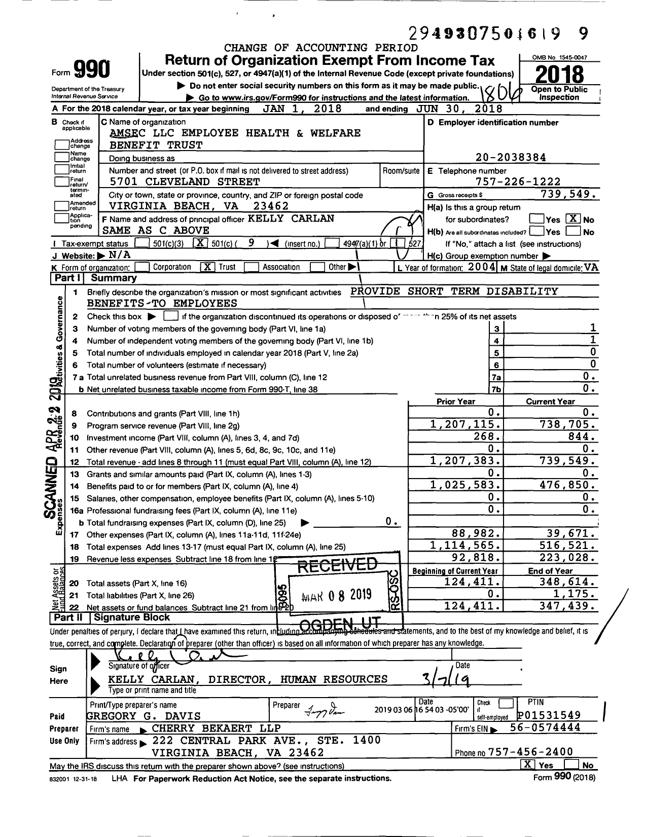 Image of first page of 2017 Form 990O for AMSEC LLC Employee Health and Welfare Benefit Trust