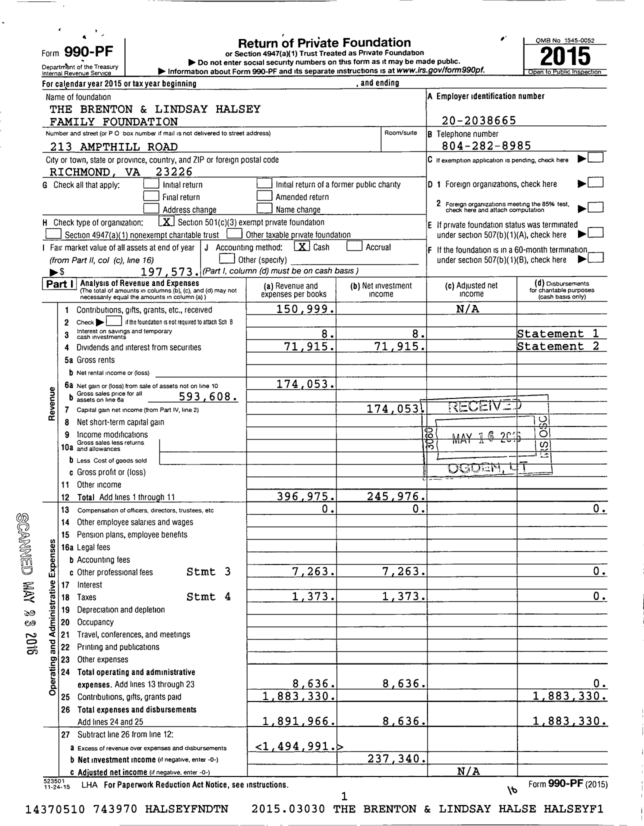 Image of first page of 2015 Form 990PF for The Brenton and Lindsay Halsey Family Foundation