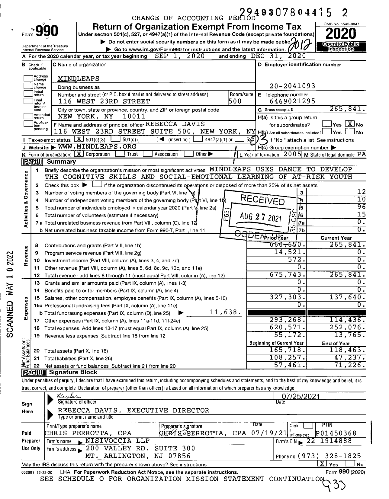 Image of first page of 2020 Form 990 for MindLeaps