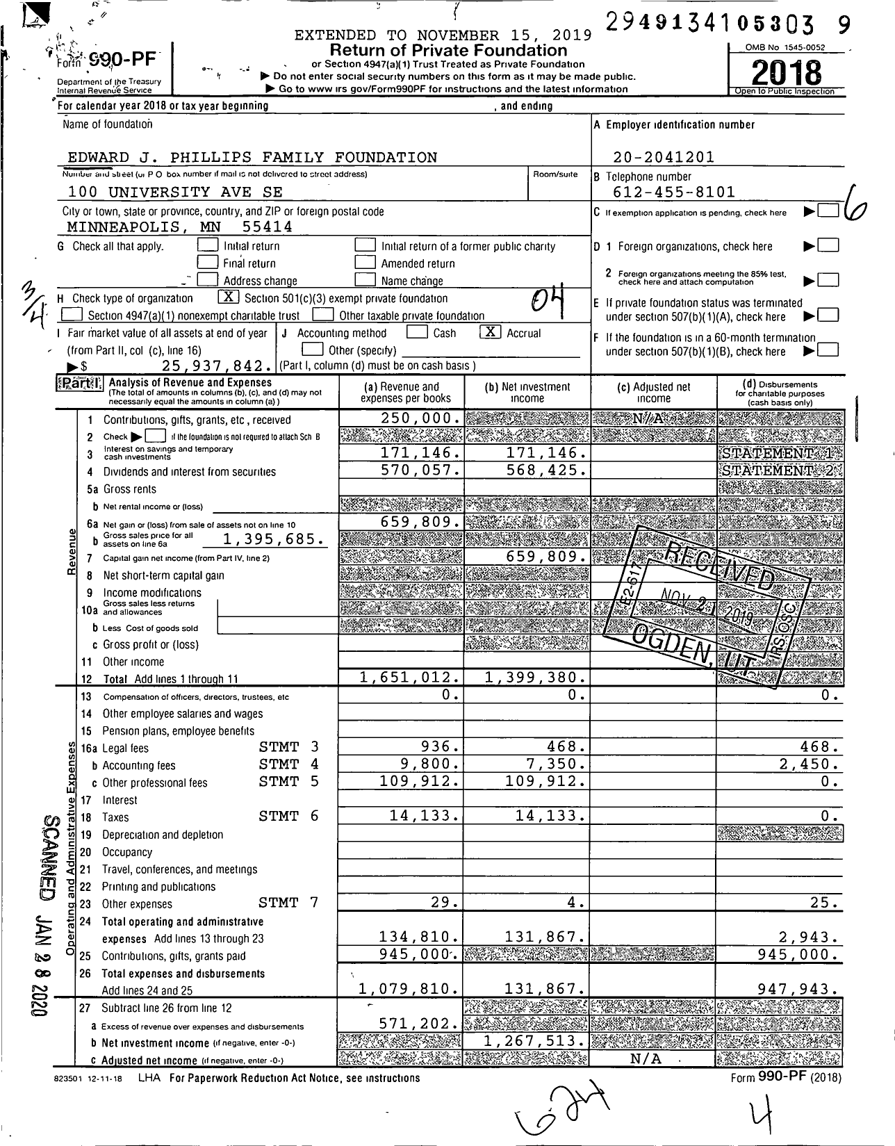 Image of first page of 2018 Form 990PF for Edward J Phillips Family Foundation