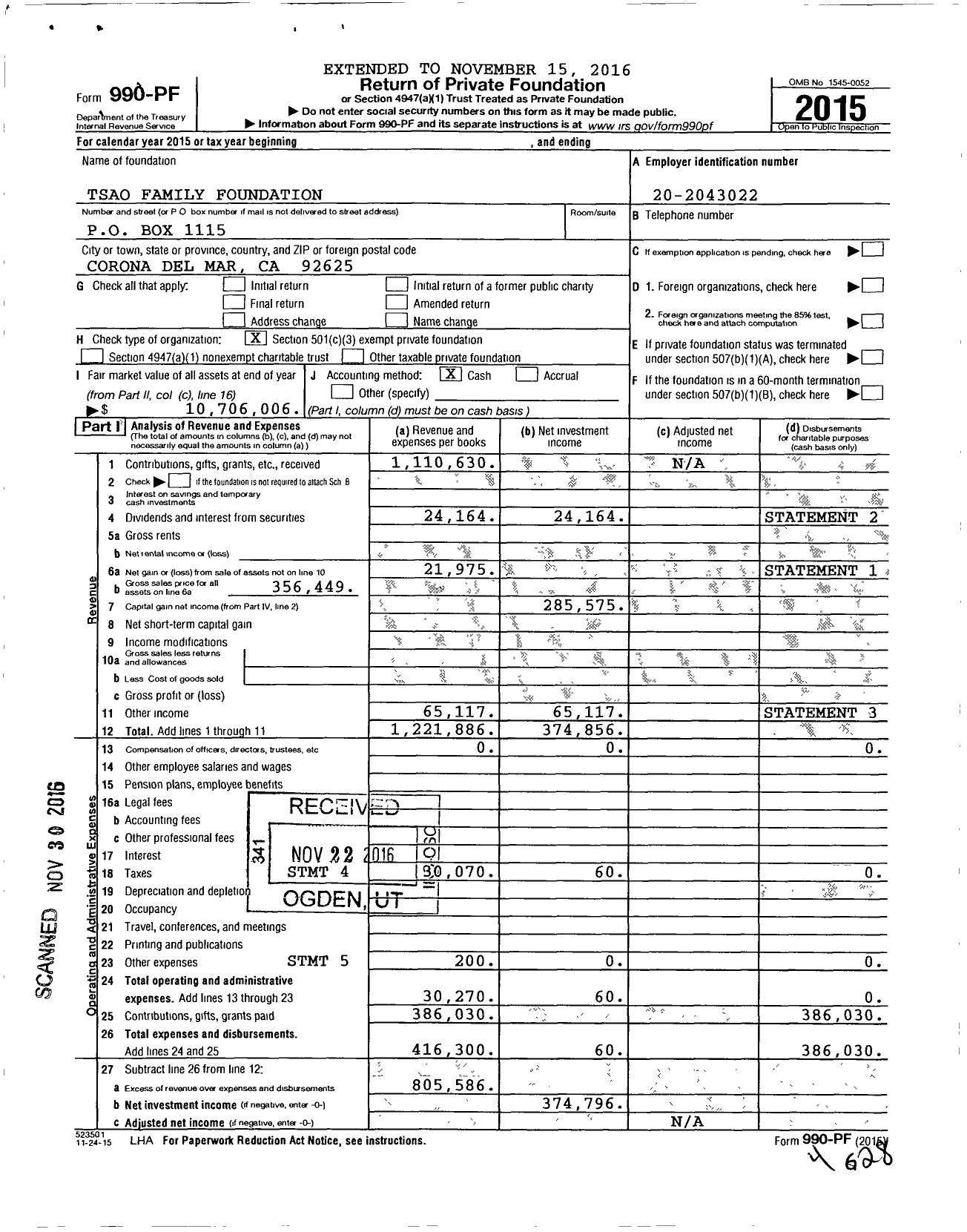 Image of first page of 2015 Form 990PF for Tsao Family Foundation