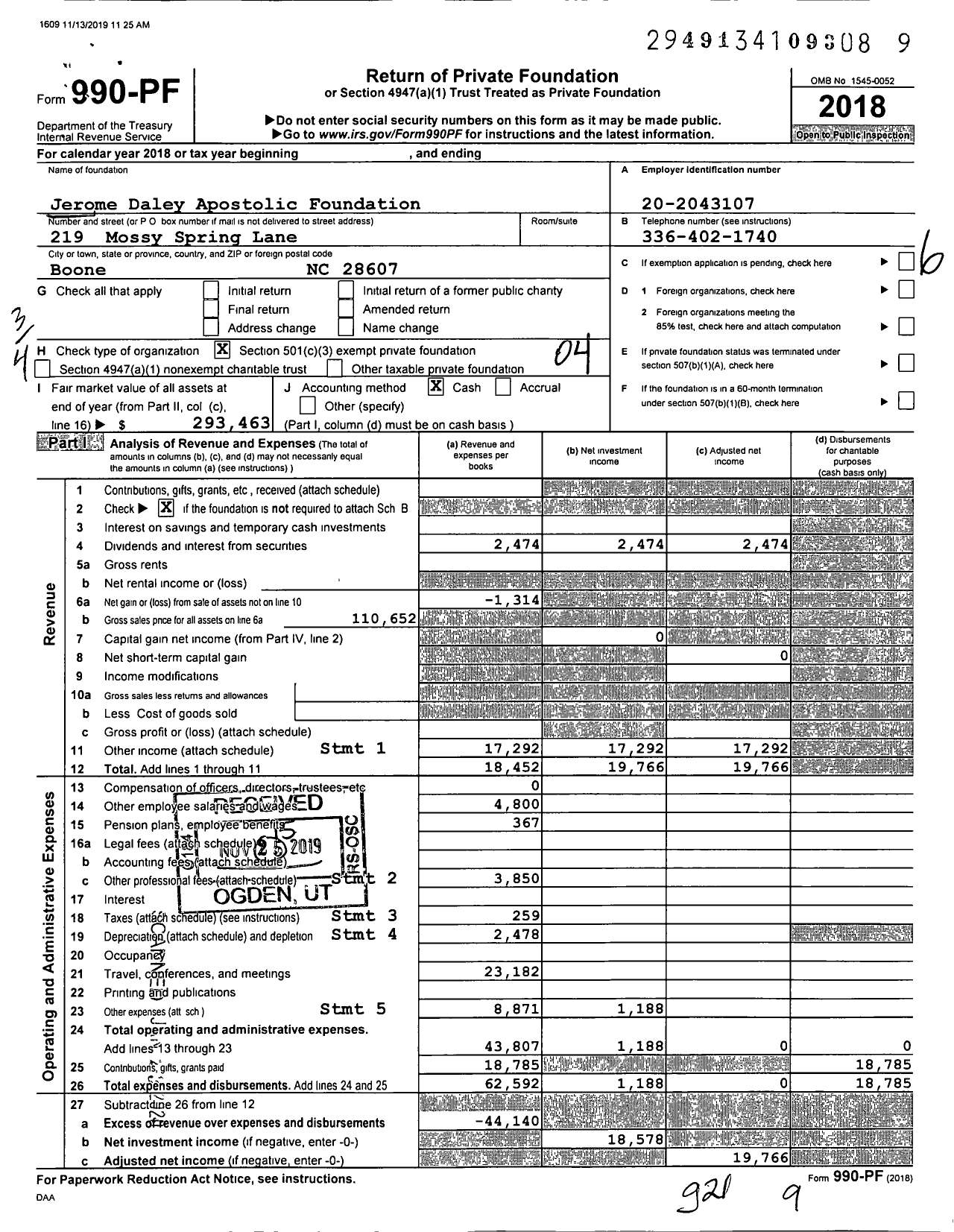 Image of first page of 2018 Form 990PF for Jerome Daley Apostolic Foundation