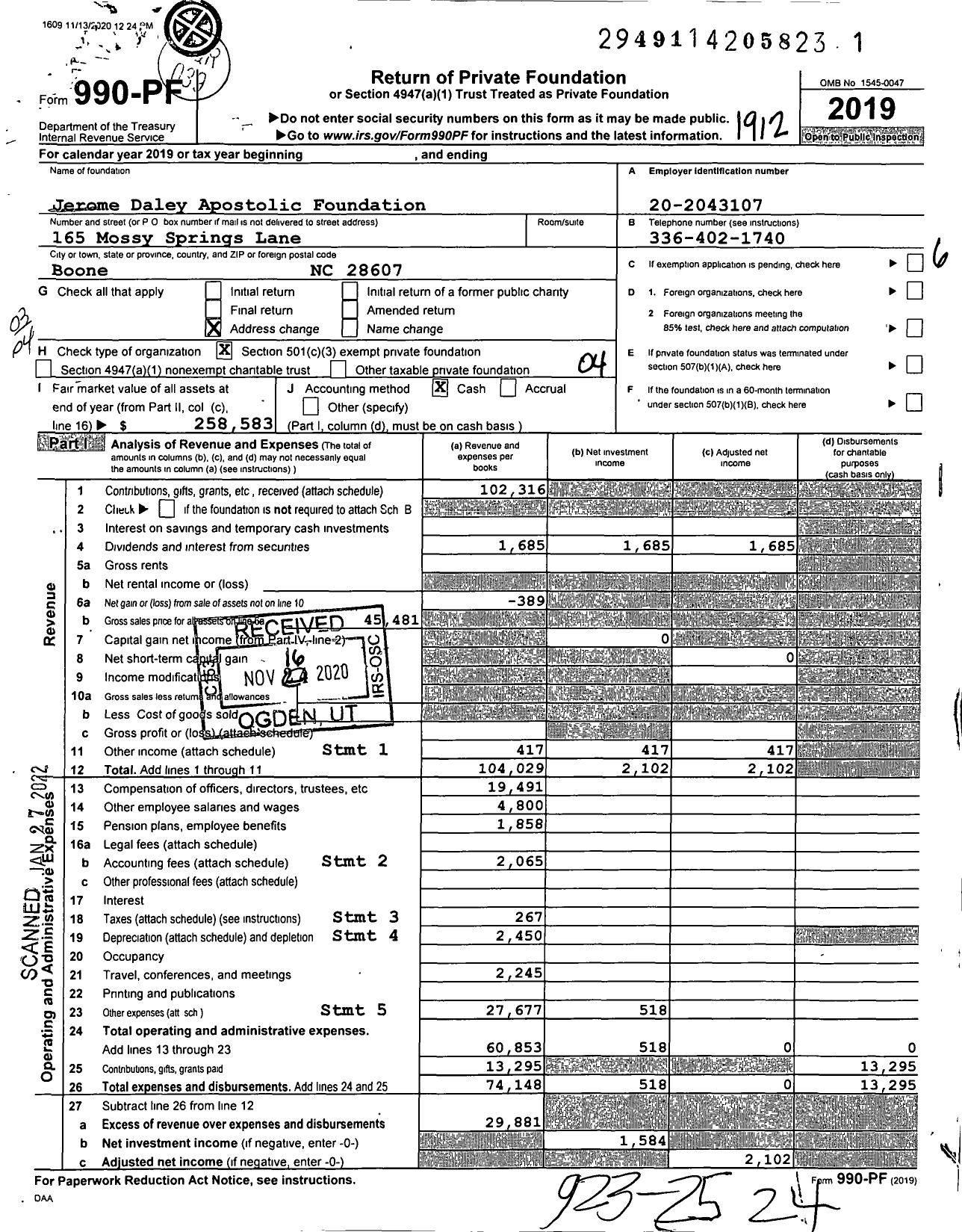 Image of first page of 2019 Form 990PF for Jerome Daley Apostolic Foundation