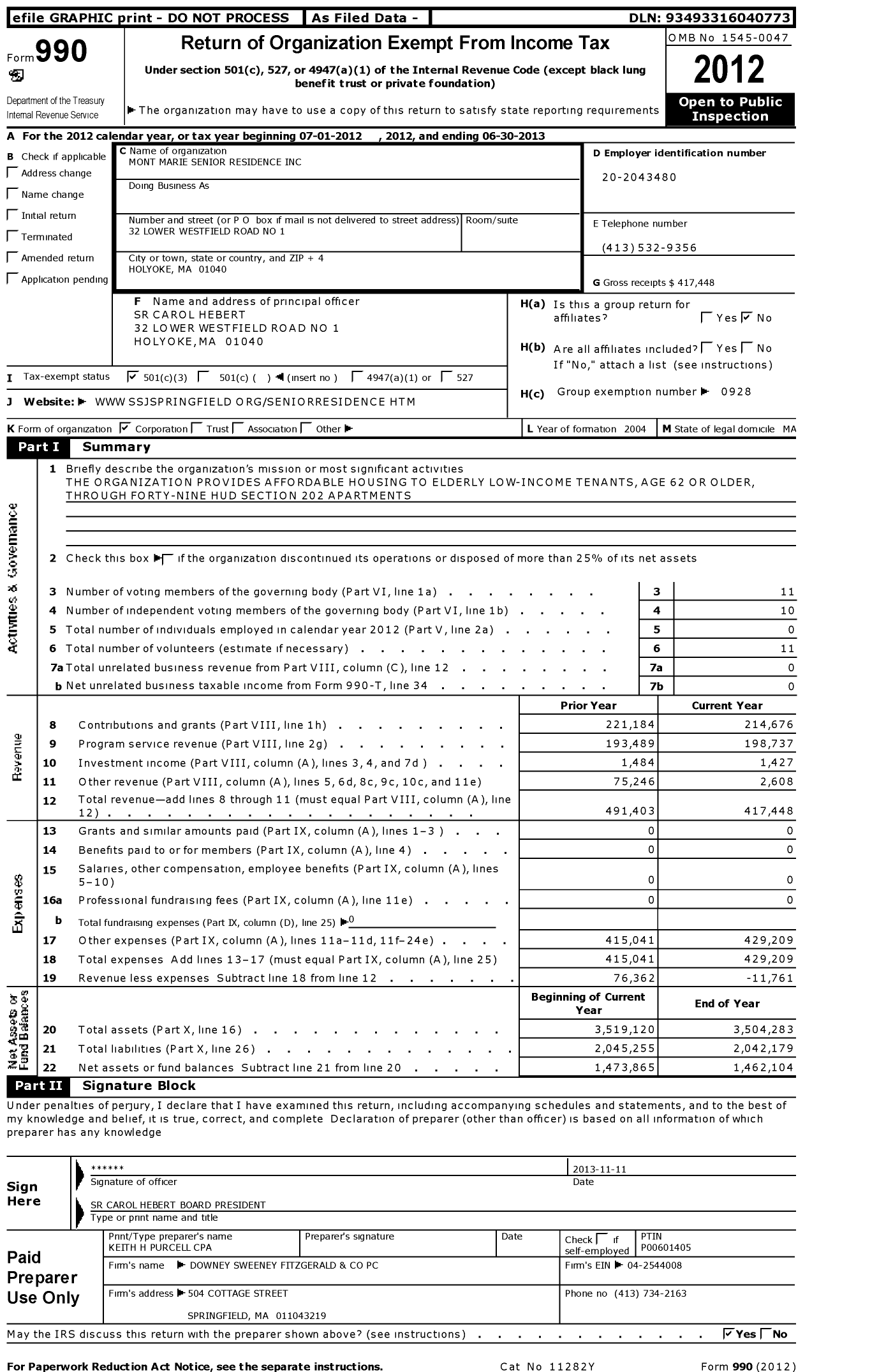 Image of first page of 2012 Form 990 for Mont Marie Senior Residence
