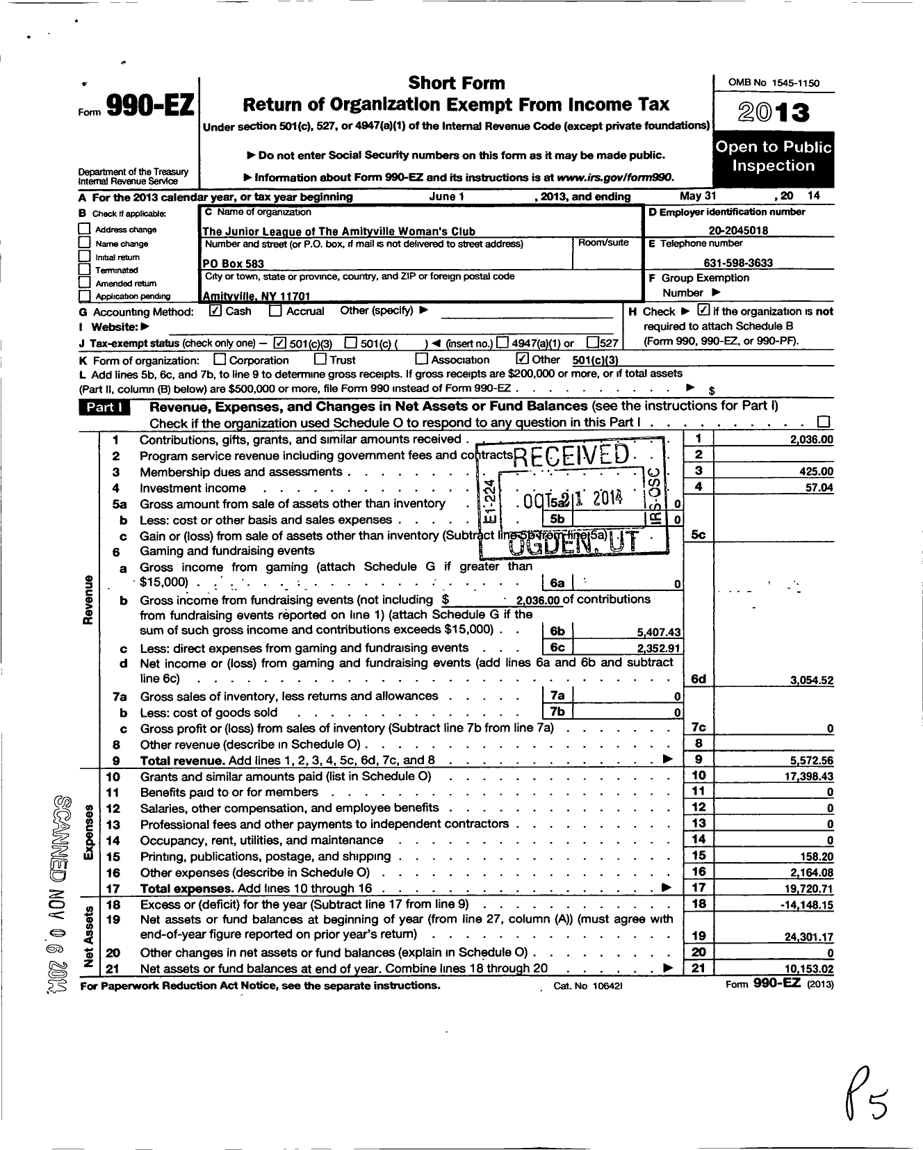 Image of first page of 2013 Form 990EZ for Junior League of the Amityville Womens Club