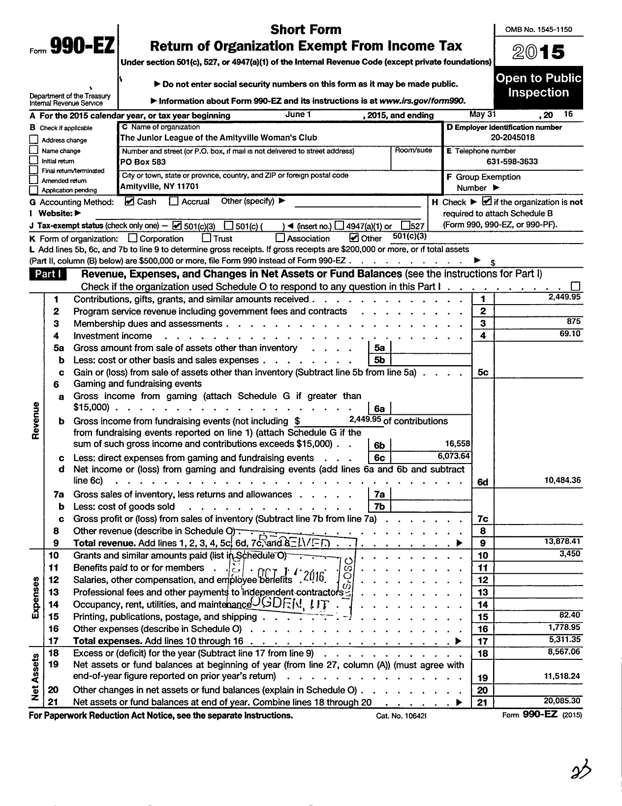 Image of first page of 2015 Form 990EZ for Junior League of the Amityville Womens Club