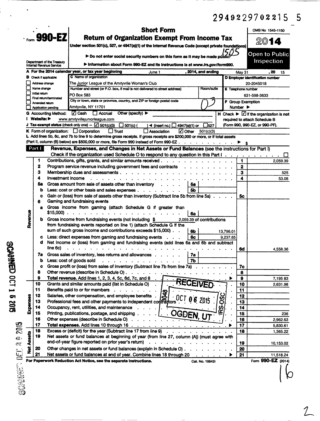 Image of first page of 2014 Form 990EZ for Junior League of the Amityville Womens Club