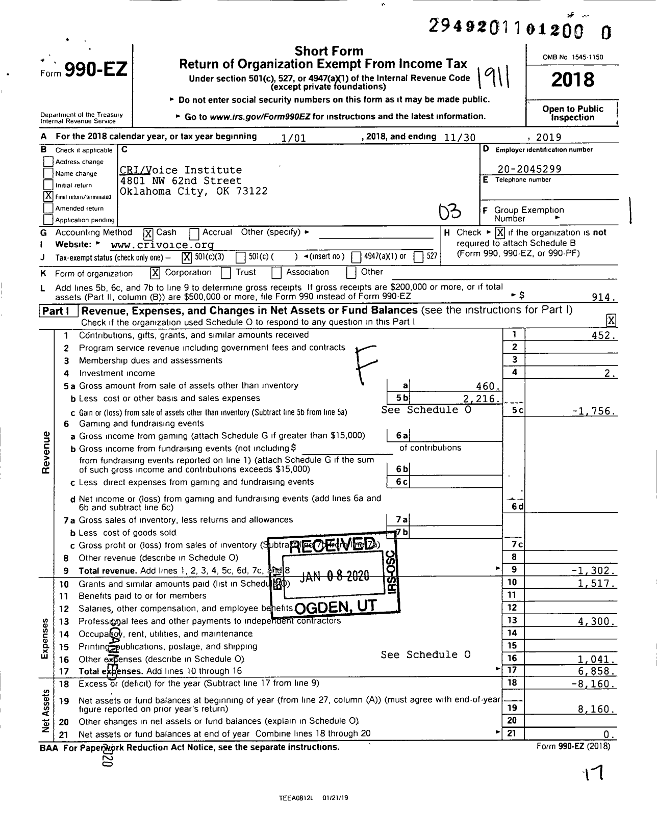 Image of first page of 2018 Form 990EZ for CRIVoice Institute
