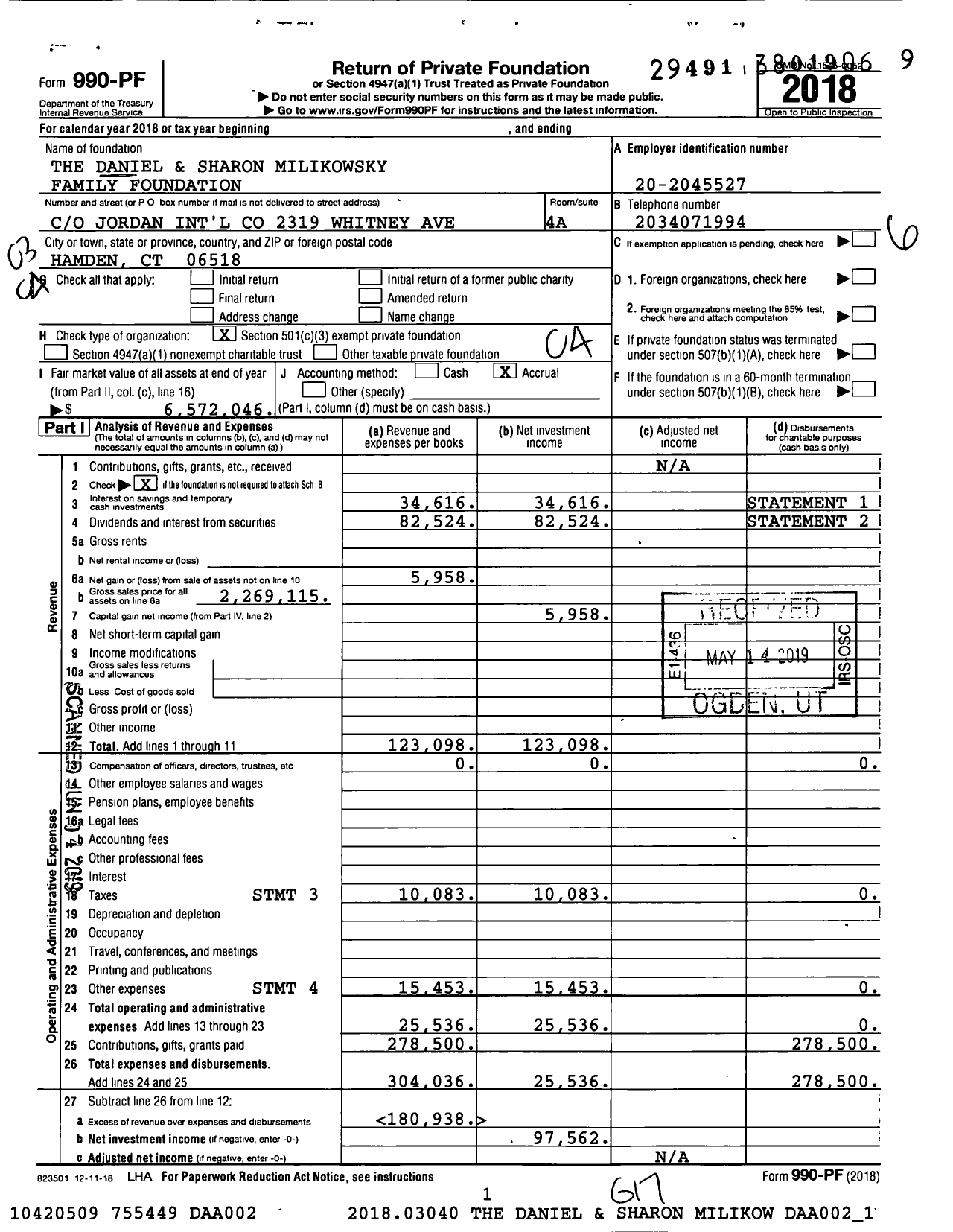 Image of first page of 2018 Form 990PF for The Daniel and Sharon Milikowsky Family Foundation