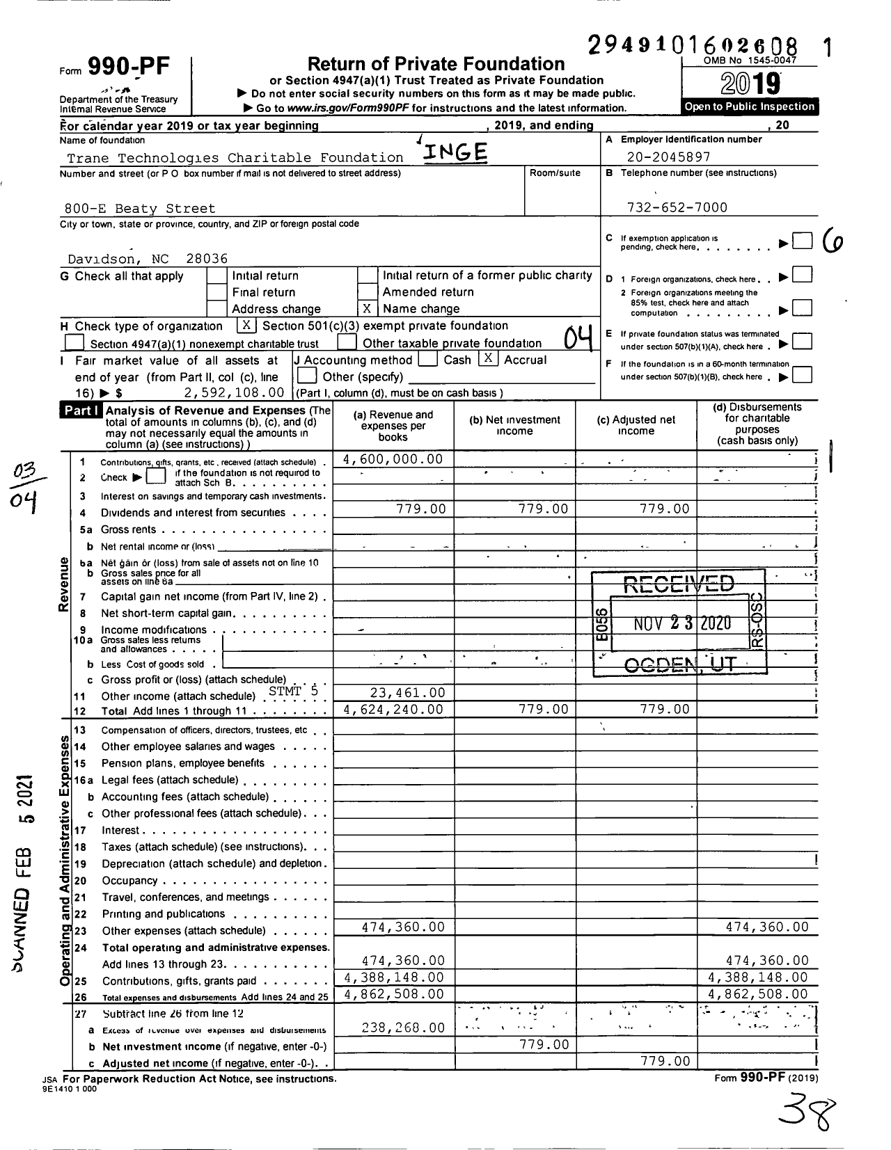 Image of first page of 2019 Form 990PF for Trane Technologies Charitable Foundation