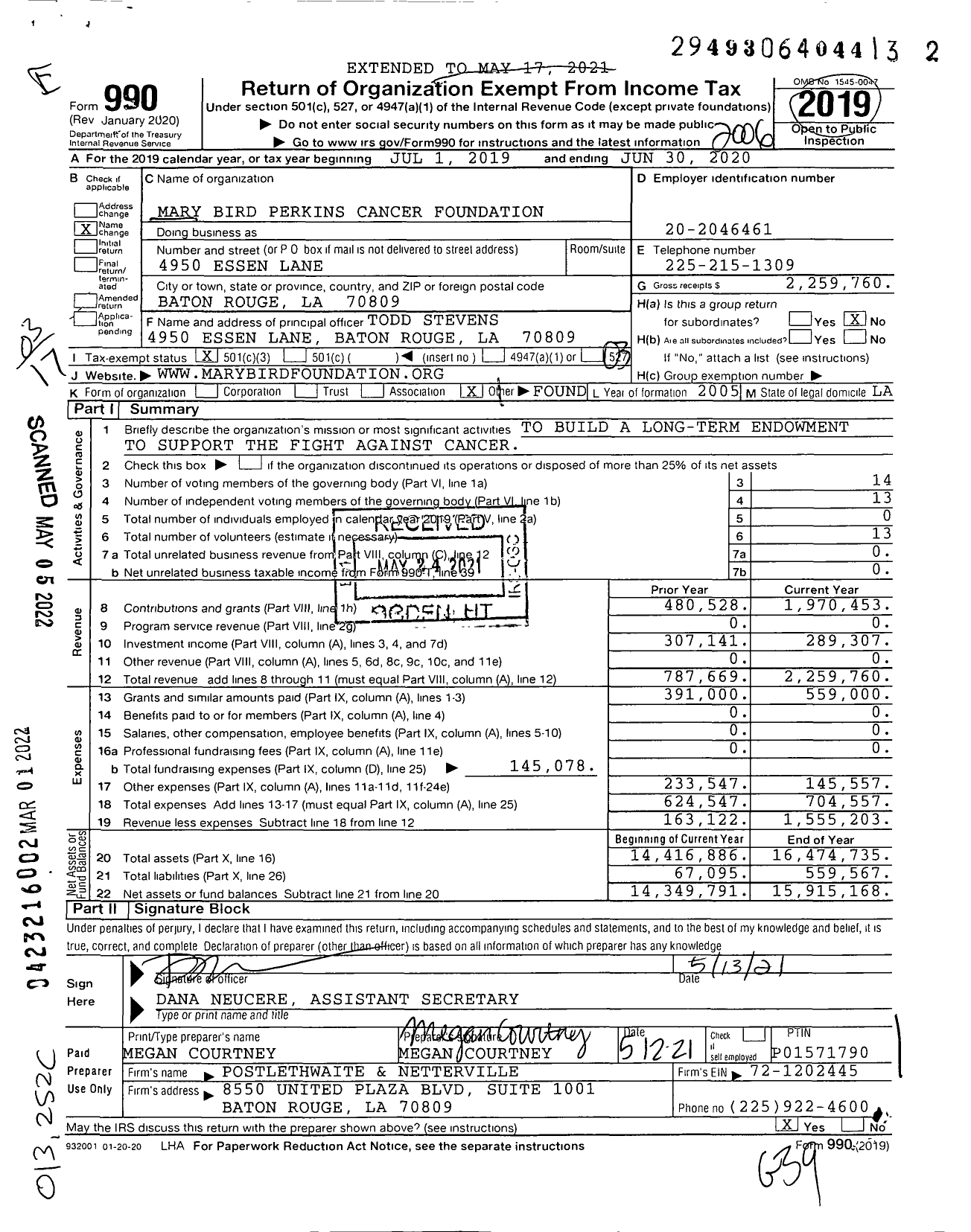 Image of first page of 2019 Form 990 for Mary Bird Perkins Cancer Center Foundation