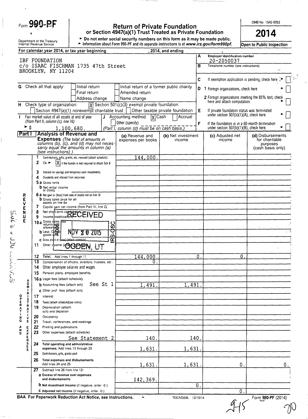 Image of first page of 2014 Form 990PF for Ibf Foundation