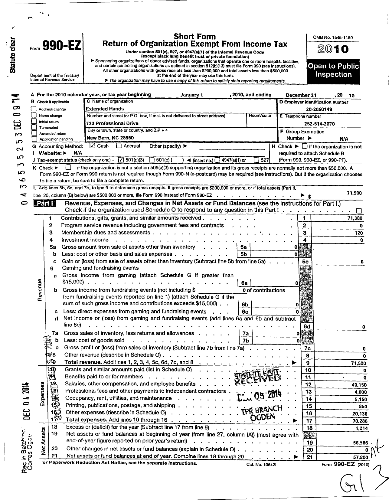 Image of first page of 2010 Form 990EZ for Extended Hands