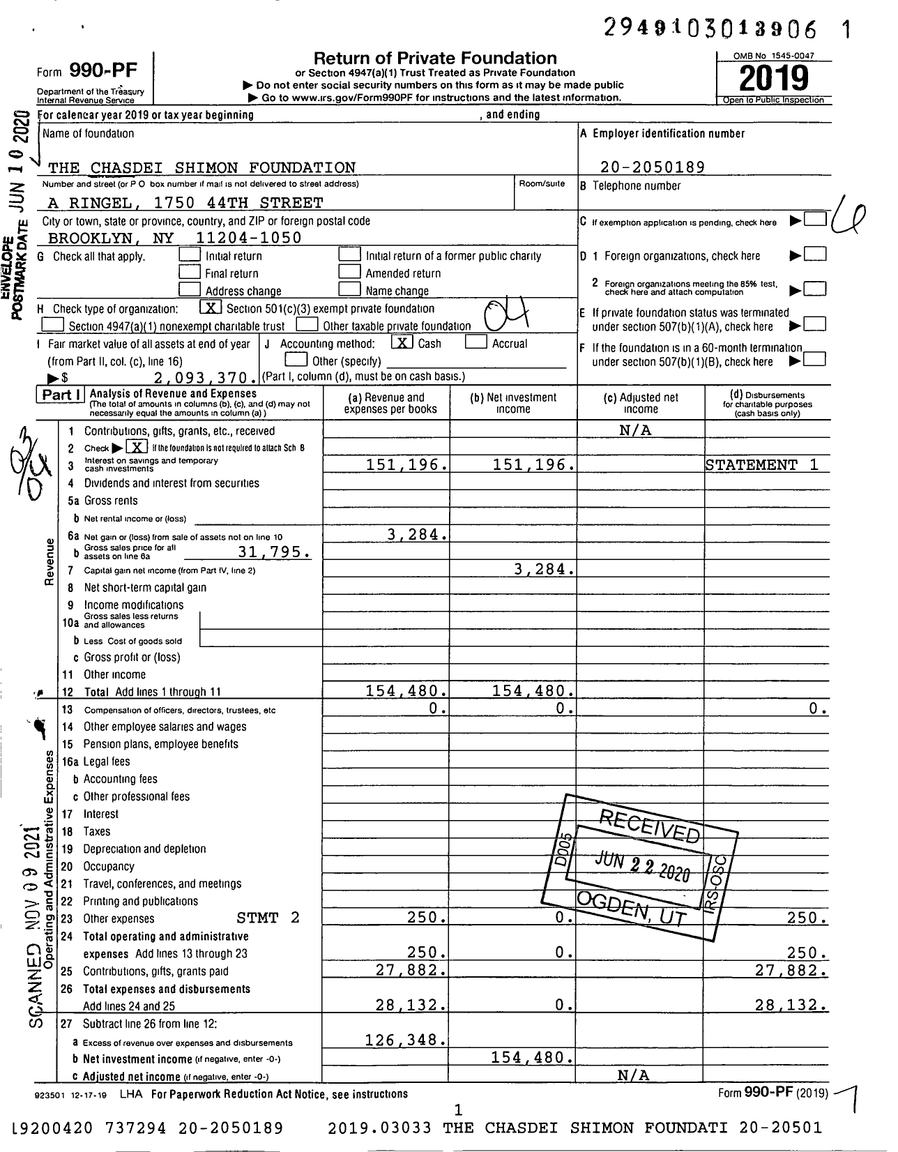 Image of first page of 2019 Form 990PF for The Chasdei Shimon Foundation