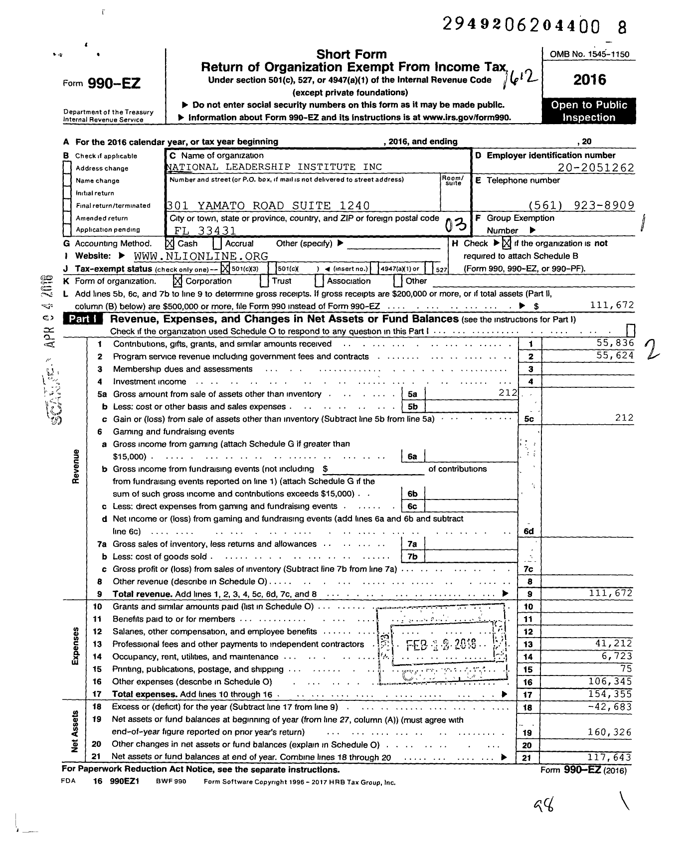 Image of first page of 2016 Form 990EZ for National Leadership Institute