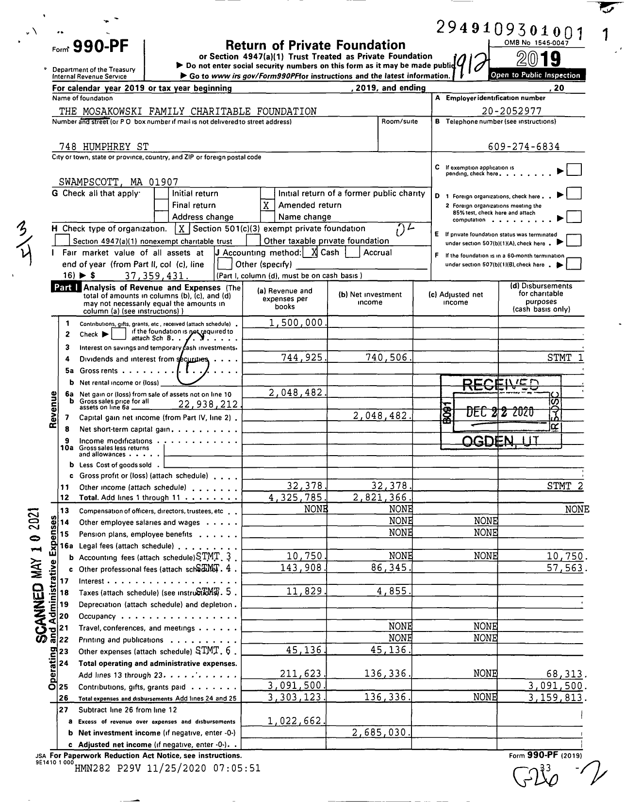 Image of first page of 2019 Form 990PF for The Mosakowski Family Charitable Foundation