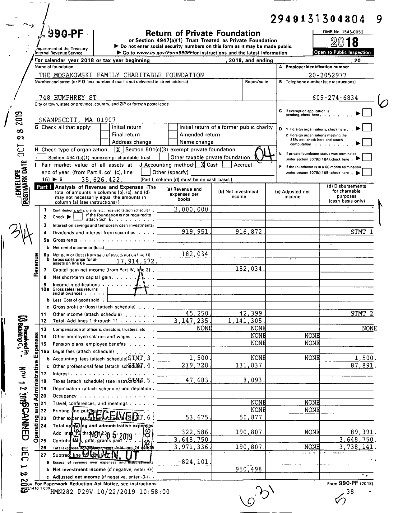 Image of first page of 2018 Form 990PF for The Mosakowski Family Charitable Foundation