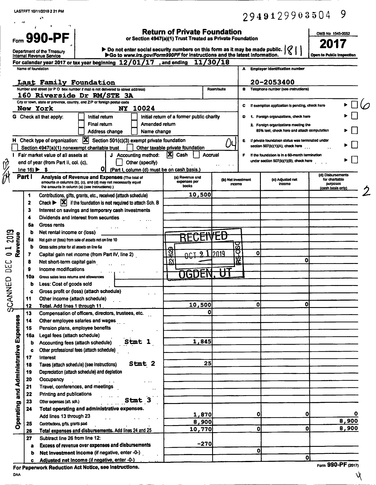 Image of first page of 2017 Form 990PF for Last Family Foundation