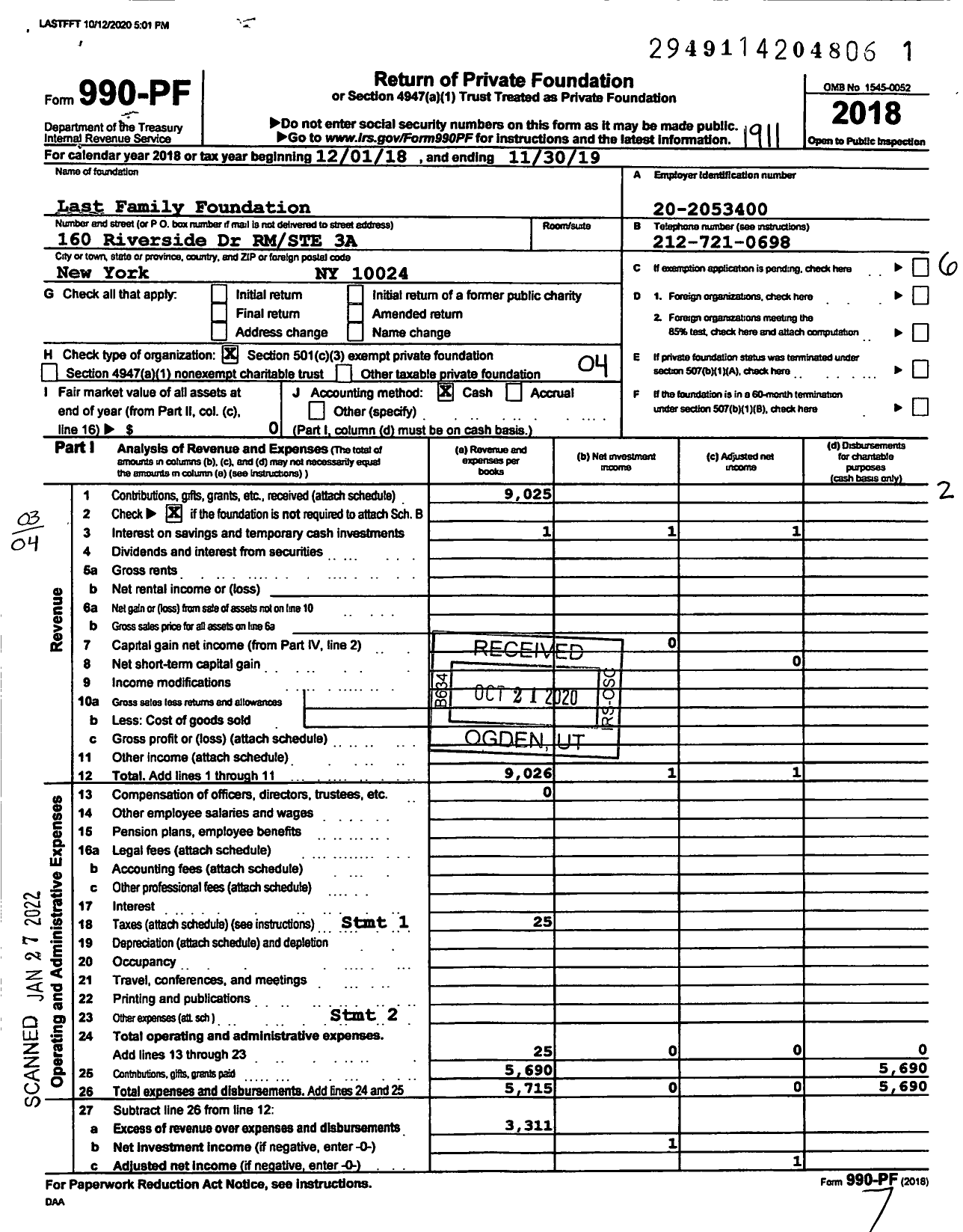 Image of first page of 2018 Form 990PF for Last Family Foundation