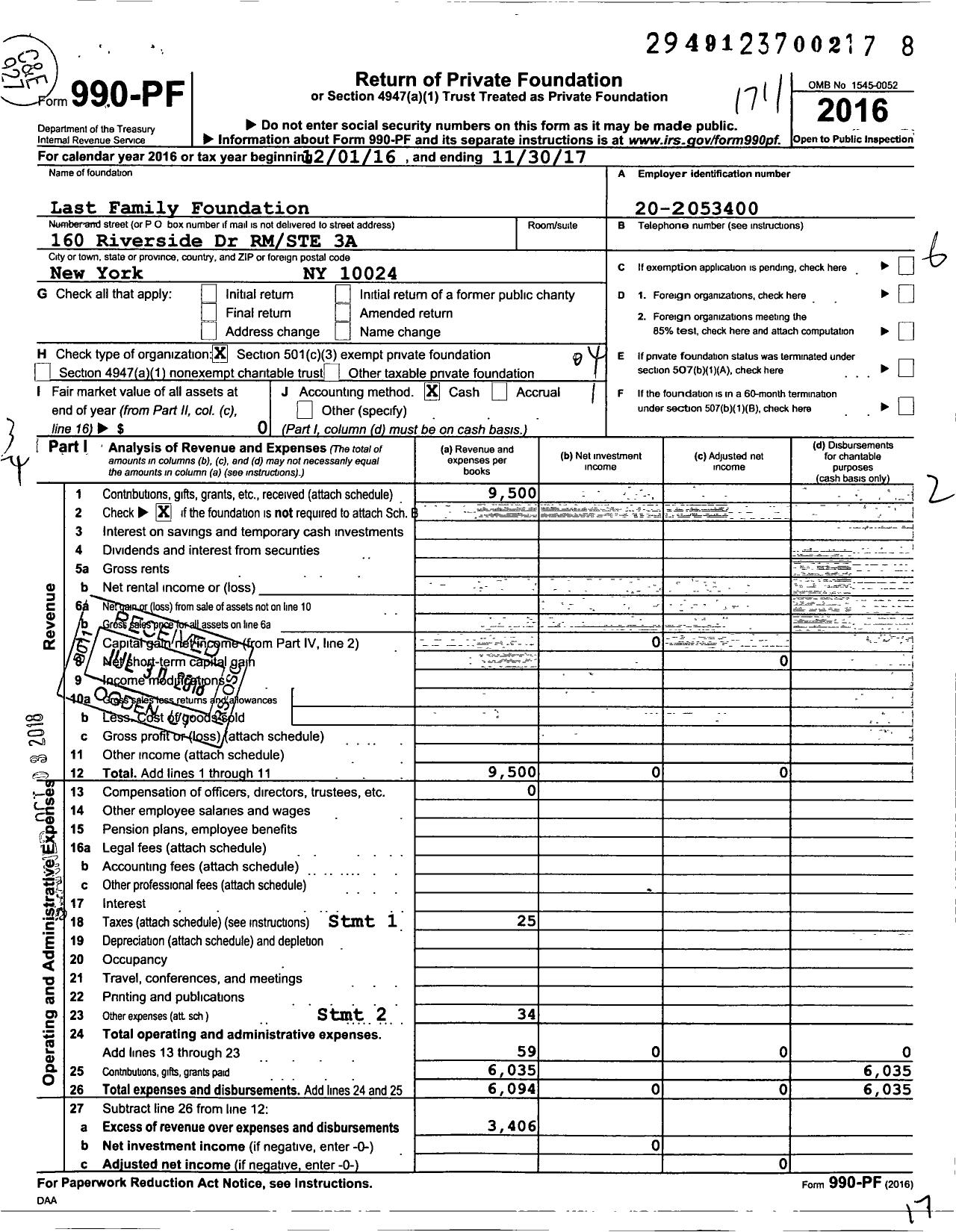 Image of first page of 2016 Form 990PF for Last Family Foundation