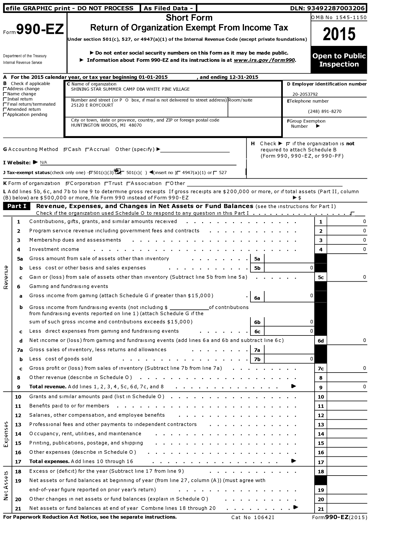 Image of first page of 2015 Form 990EZ for Shining Star Summer Camp