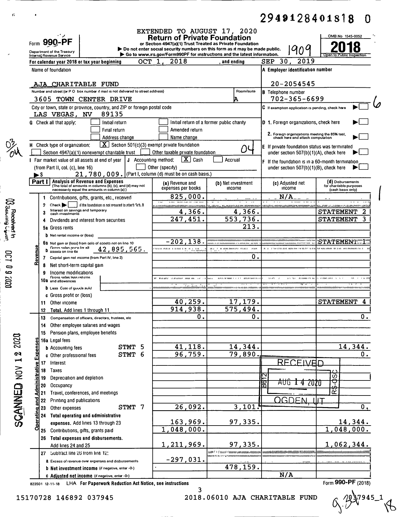 Image of first page of 2018 Form 990PF for Aja Foundation