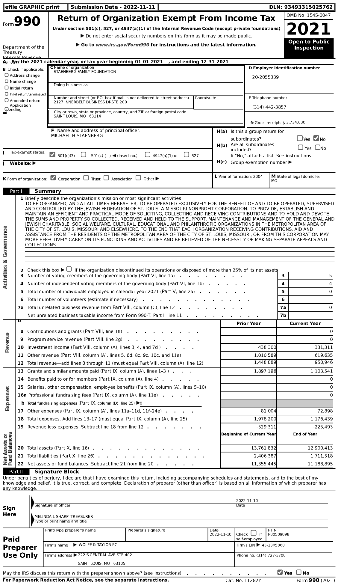 Image of first page of 2021 Form 990 for Staenberg Family Foundation