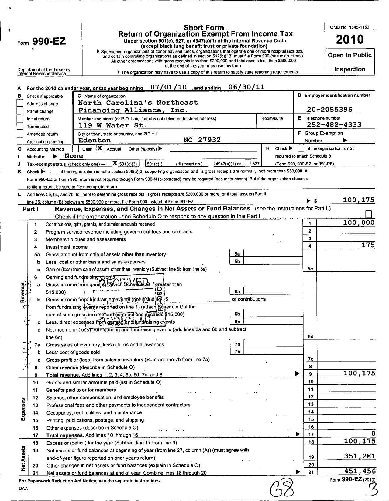 Image of first page of 2010 Form 990EZ for North Carolinas Northeast Financing Alliance