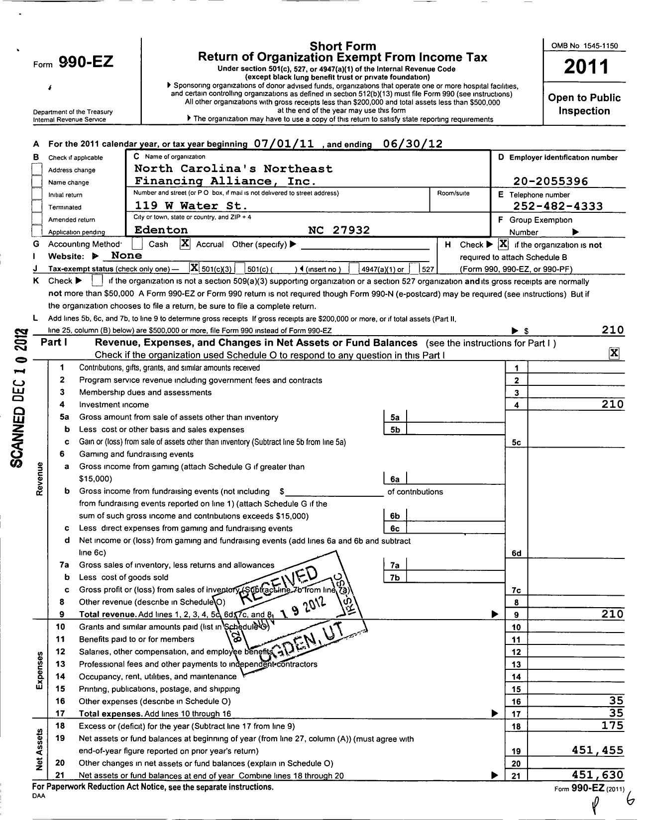 Image of first page of 2011 Form 990EZ for North Carolinas Northeast Financing Alliance