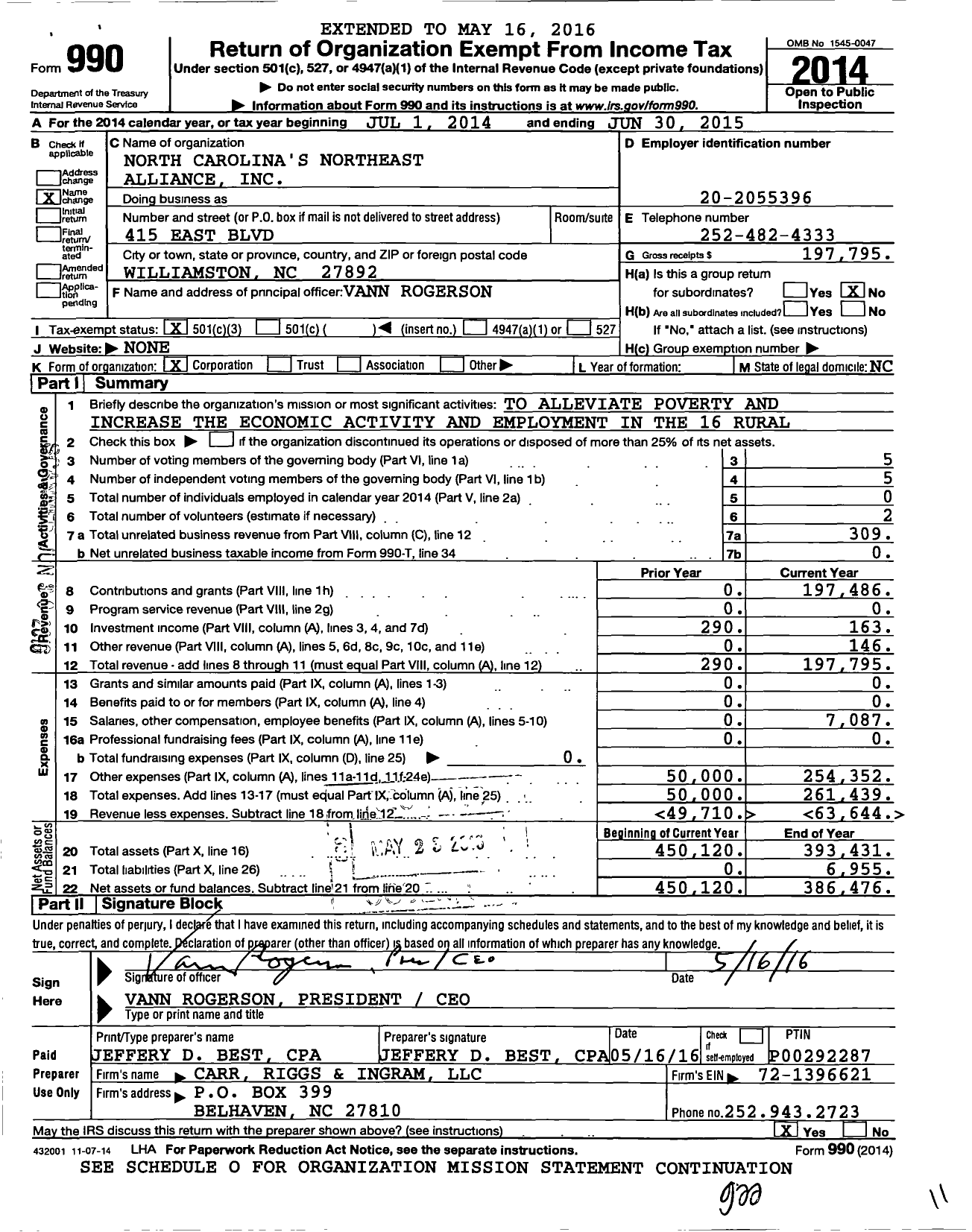 Image of first page of 2014 Form 990 for North Carolinas Northeast Financing Alliance