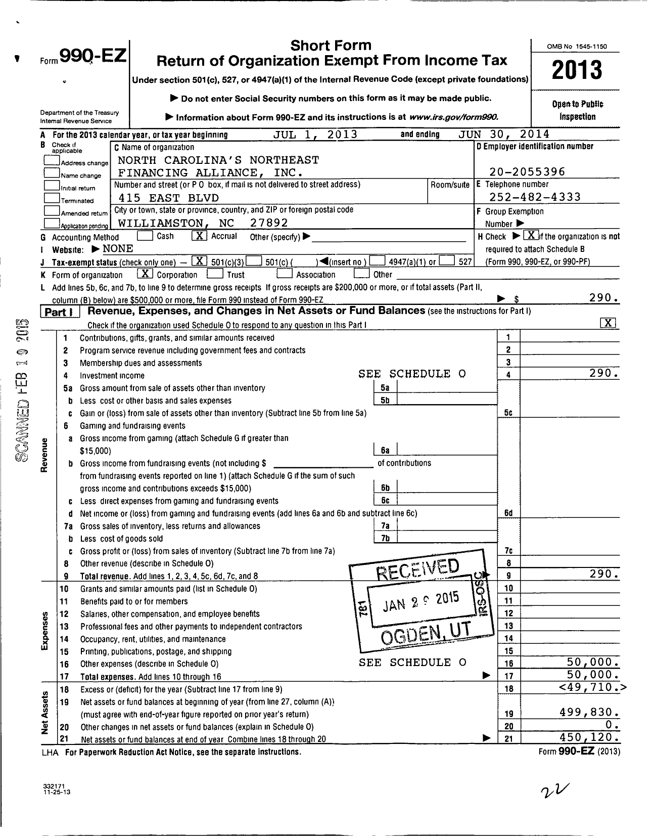 Image of first page of 2013 Form 990EZ for North Carolinas Northeast Financing Alliance
