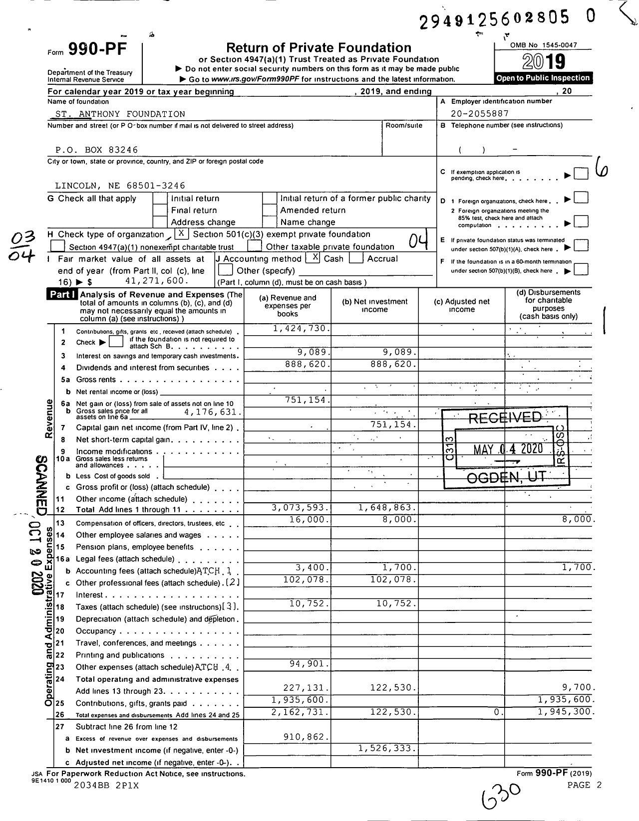 Image of first page of 2019 Form 990PR for St Anthony Foundation