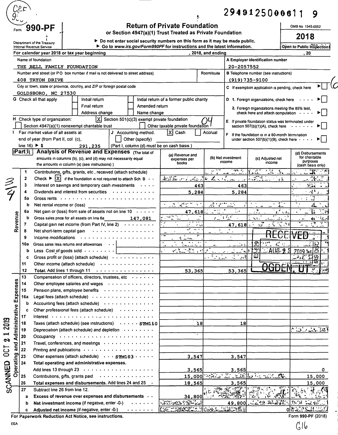 Image of first page of 2018 Form 990PF for The Bell Family Foundation