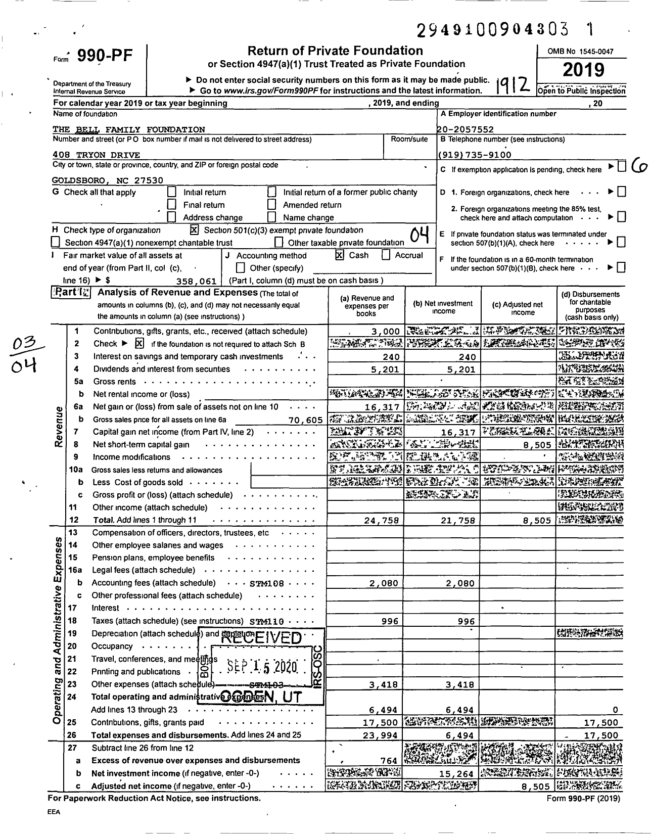 Image of first page of 2019 Form 990PF for The Bell Family Foundation