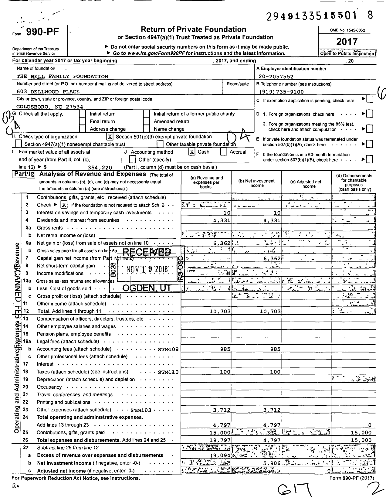 Image of first page of 2017 Form 990PF for The Bell Family Foundation