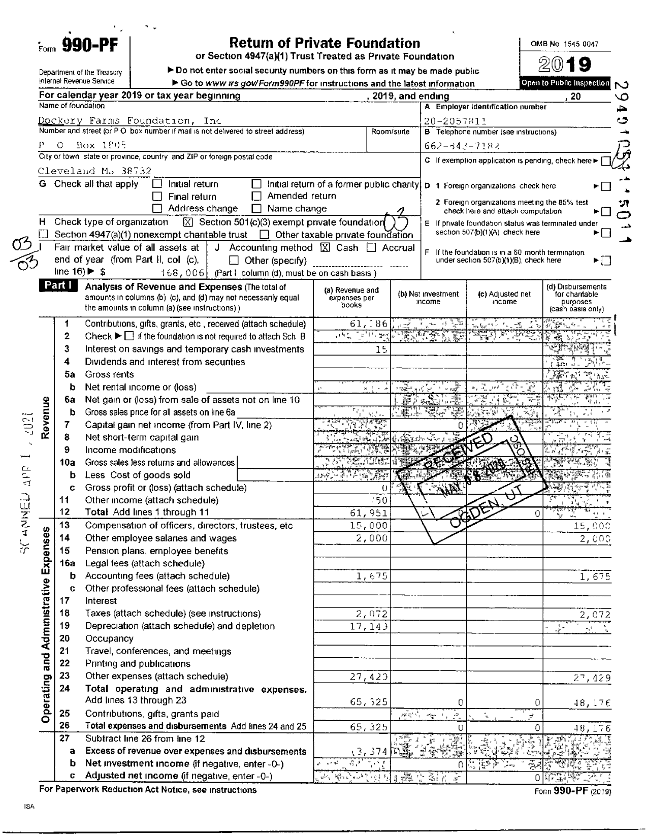 Image of first page of 2019 Form 990PF for Dockery Farms Foundation
