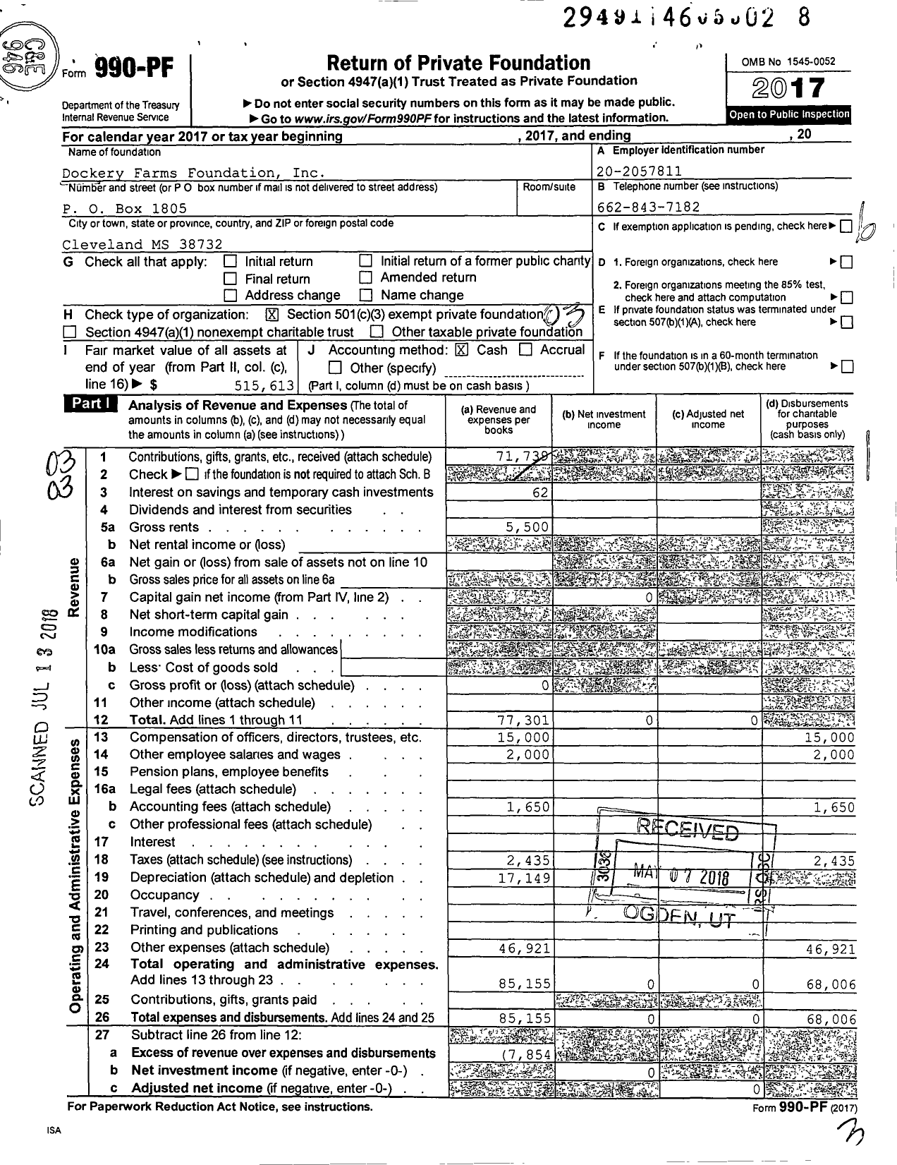 Image of first page of 2017 Form 990PF for Dockery Farms Foundation