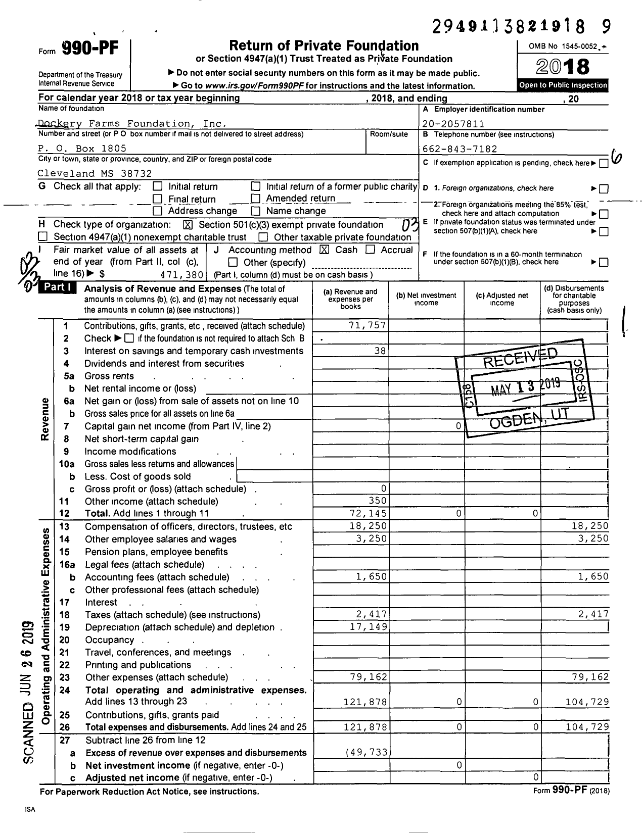Image of first page of 2018 Form 990PF for Dockery Farms Foundation