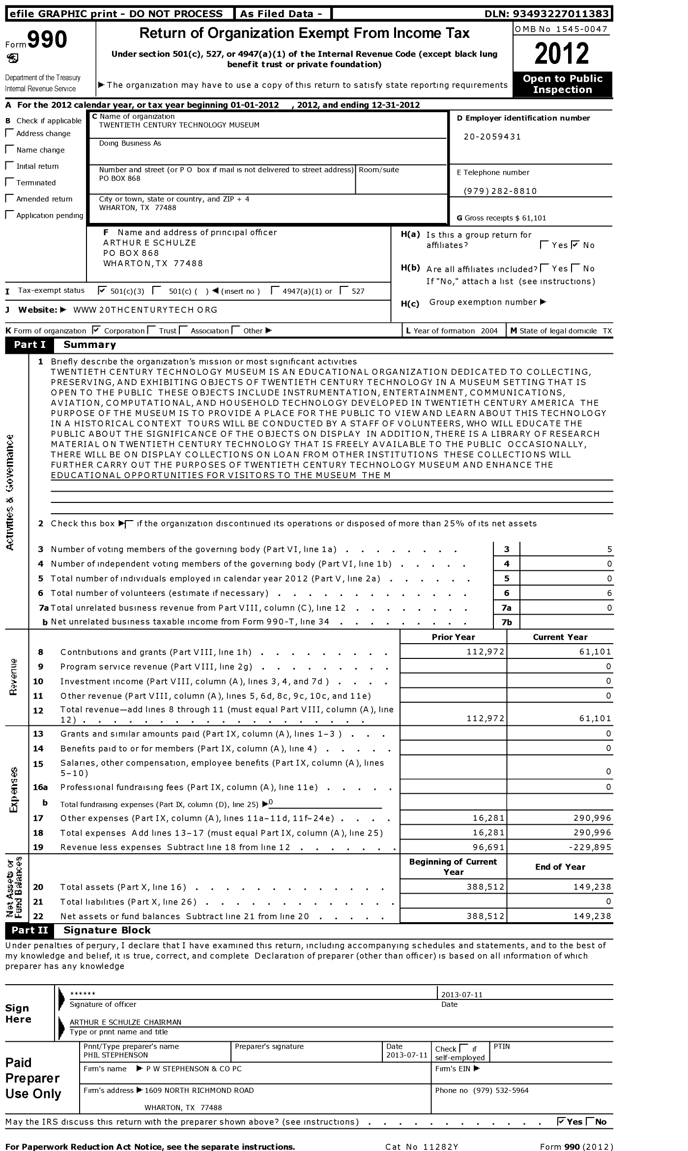 Image of first page of 2012 Form 990 for Twentieth Century Technology Museum