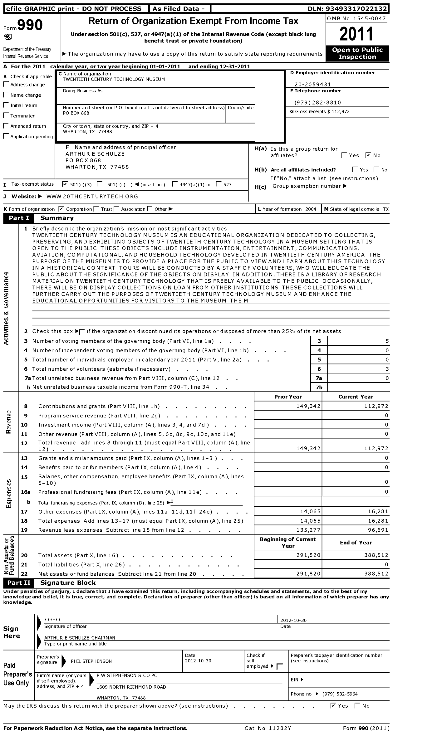 Image of first page of 2011 Form 990 for Twentieth Century Technology Museum