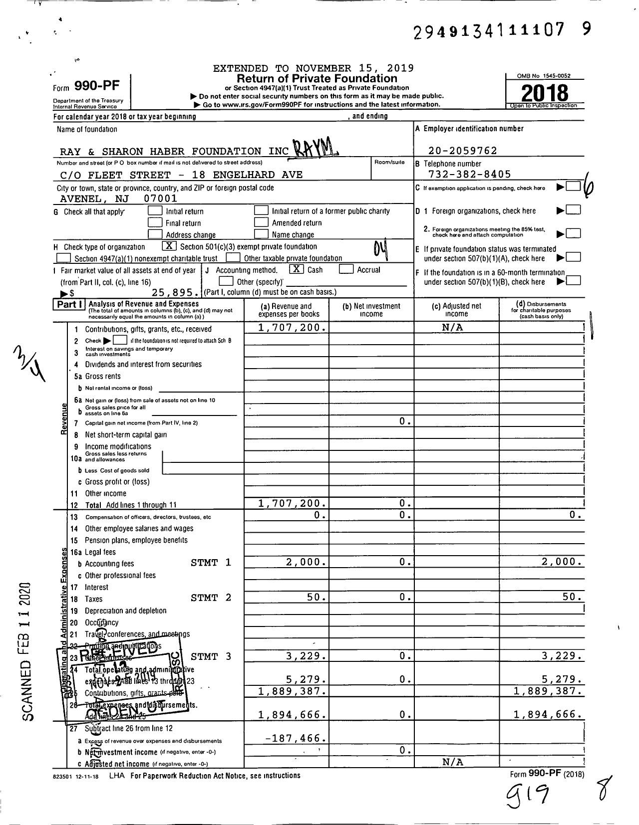 Image of first page of 2018 Form 990PF for Raymond and Sharon Haber Foundation